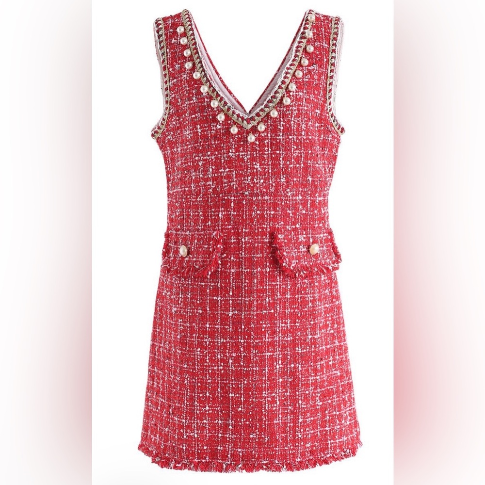 Elegant Red Tweed Mini Dress